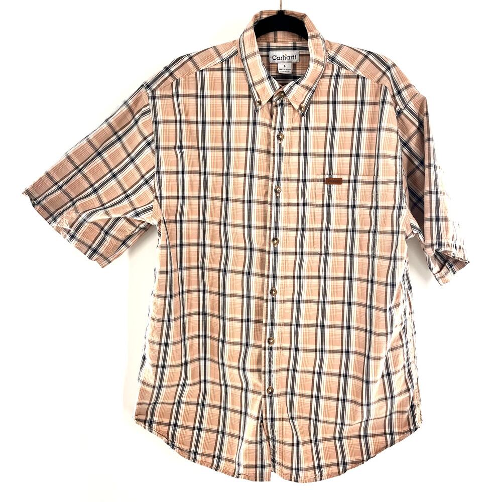 men's Carhartt short sleeve button down shirt large tan plaid 100% cotton